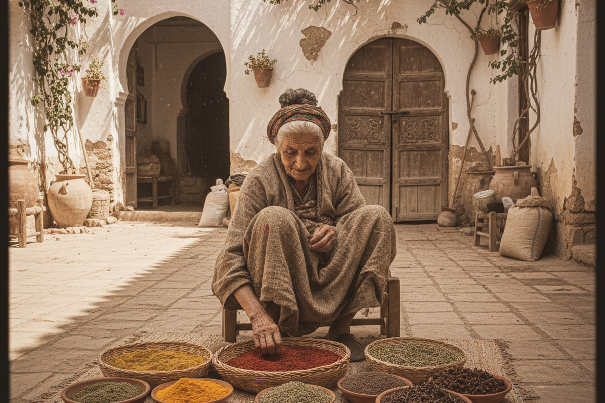 Vintage-toned photo of an elderly woman sorting spices in a courtyard.